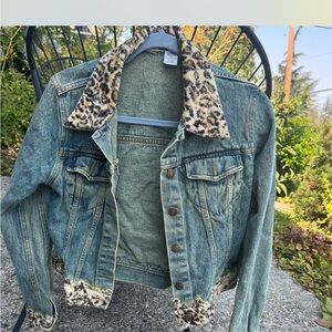 Leopard Trim Denim Jacket